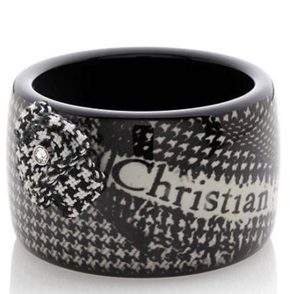 AUTH VTG Christian Dior LadyD Houndstooth Logo Tweed Crystal Bangle Bracelet - Picture 5 of 12